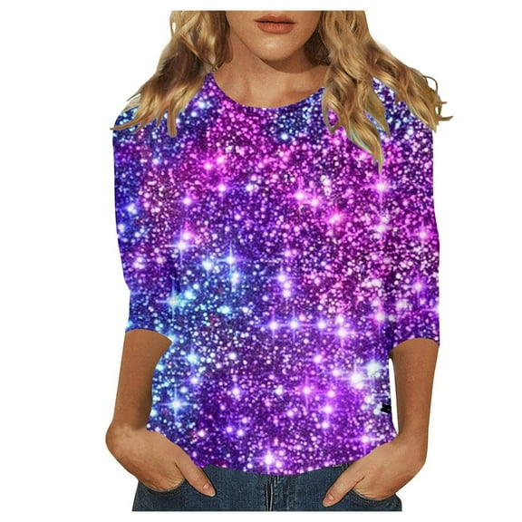 Tisuna Women'S Carnival Sequin Print Shirt Cropped Sleeve Crew Neck Regulat Fit Tops Comfortable Ladies Festival Sparkling Blouse Purple
