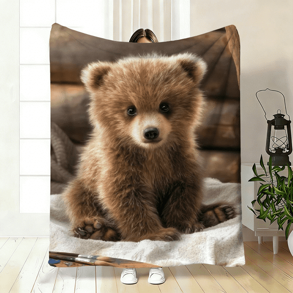 1pc Cute Brown Bear in Wooden House Blanket - Soft Flannel Bedspread with Cozy Bear Tree Print, Warm Bed Cover for ' Bed, Sofa, Travel, Camping.