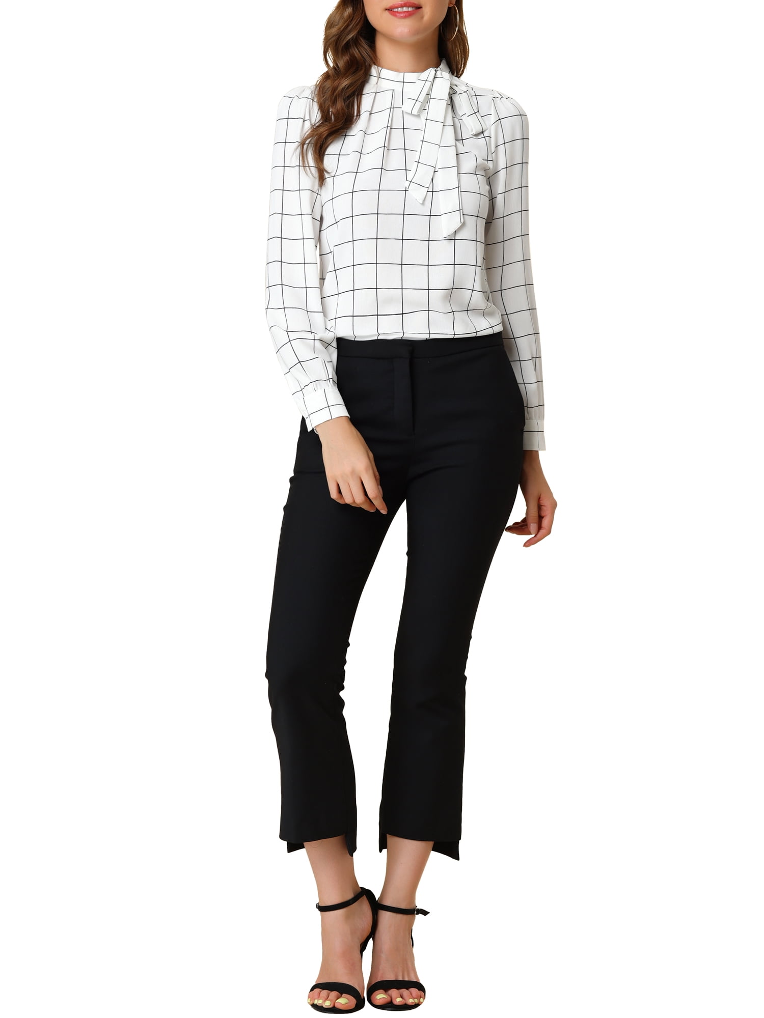 DARING DIVA Bow-Tie Neck Office Work Checks Shirt Top M White