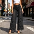 thumbnail image 2 of Women's Boho High Waist Flare Jeans Hollow Lace Patchwork Wide Leg Denim Pants Scalloped Hem Casual Y2K Streetwear Fashion Bottoms Black, 2 of 7