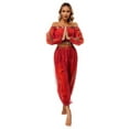 thumbnail image 3 of TiaoBug Womens Belly Dance Costume Long Sleeve Off Shoulder Crop Top+Sequined Dots Chiffon Pants Set Red One Size, 3 of 7