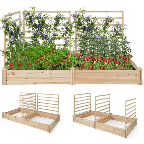 SAZYY Raised Garden Bed with Trellis & 2 Planter Boxes, Outdoor Wooden Planter Box Kit for Flower Herb Veggies Fruit Climbing Vines, Elevated Gardening Planter for Garden Patio,88"L x 45"W x 43"H