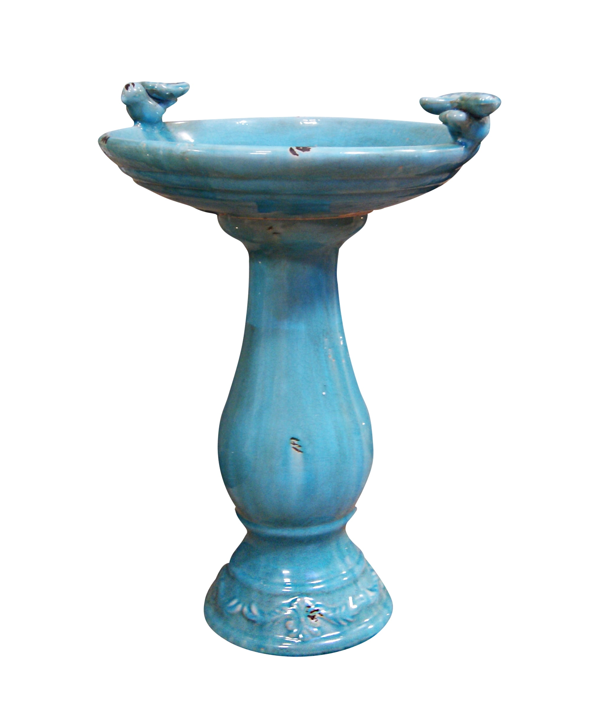 24 Inch Antique Ceramic Birdbath With Birds -Turquoise by Benzara