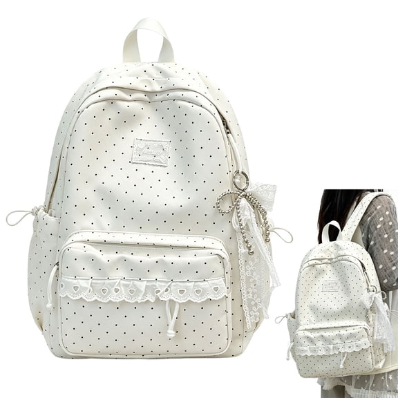 Cute Lace Backpack, Aesthetic Laptop Daypack with Bow Accessories, Large Capacity School Backpack with Side Pockets, Lightweight Travel Bag for Students, College, Work and Daily Use, White