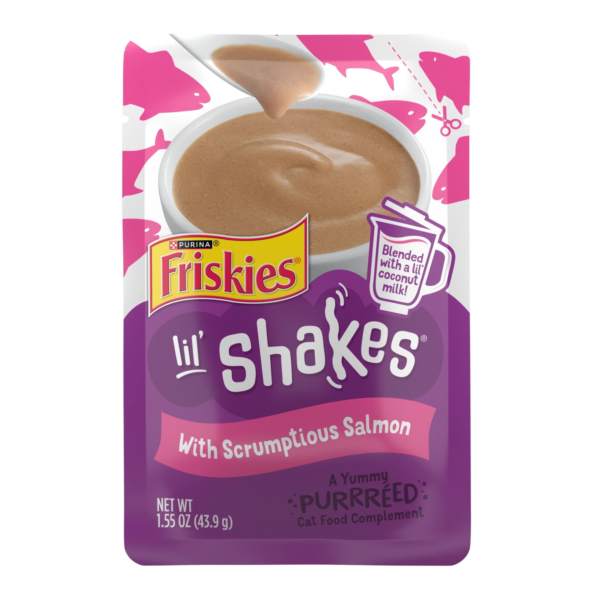 Purina Friskies Pureed Cat Food Toppers, Lil’ Shakes with Scrumptious Salmon Lickable Cat Treats, 1.55 oz Pouch
