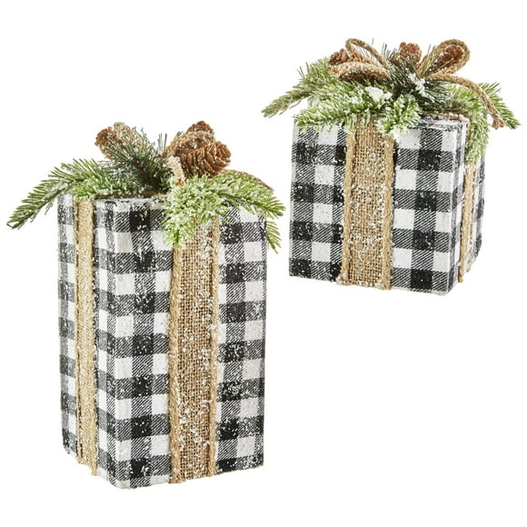 RAZ Imports Set of 2 Black and White Checked Presents with Burlap Ribbon Greenery and Pine Cones 6.5 Inch - 10.5 Inch