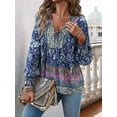 thumbnail image 5 of Women'S Casual Boho V Neck Top Loose Floral Printed Long Sleeve Beach Shirts Blouses Navy Blue XL, 5 of 8