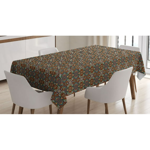 Aztec Tablecloth, Ornament with Triangle Motifs Boho Design Folkloric and Tribal, Rectangle Satin Table Cover Accent for Dining Room and Kitchen, 52" X 70", Multicolor, by Ambesonne