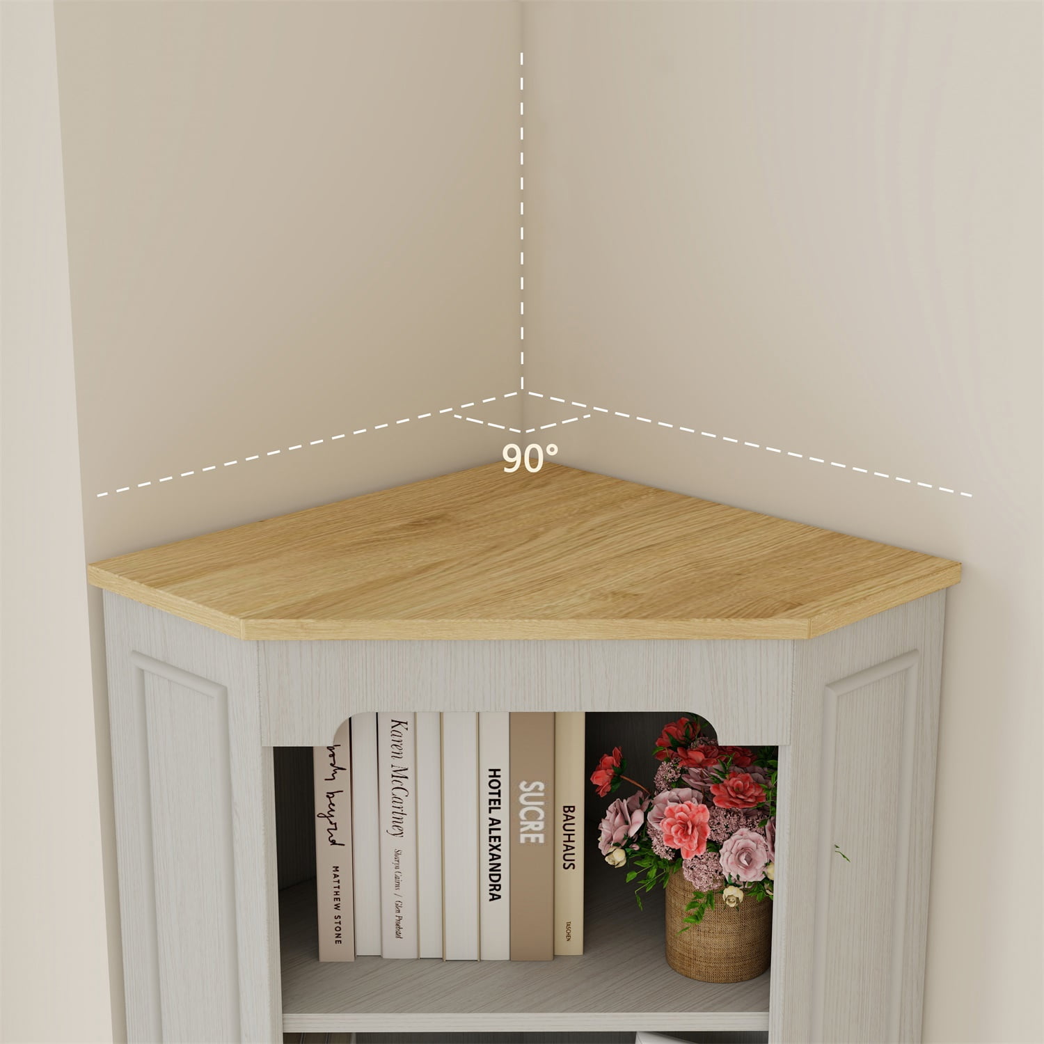 Hommoo 68" Tall Corner Cabinet, Wooden Freestanding Corner Storage Cabinet with 1 Door, 1 drawer and Adjustable Shelf, Farmhouse Bar Storage Cabinet for Home and Office, Antique White