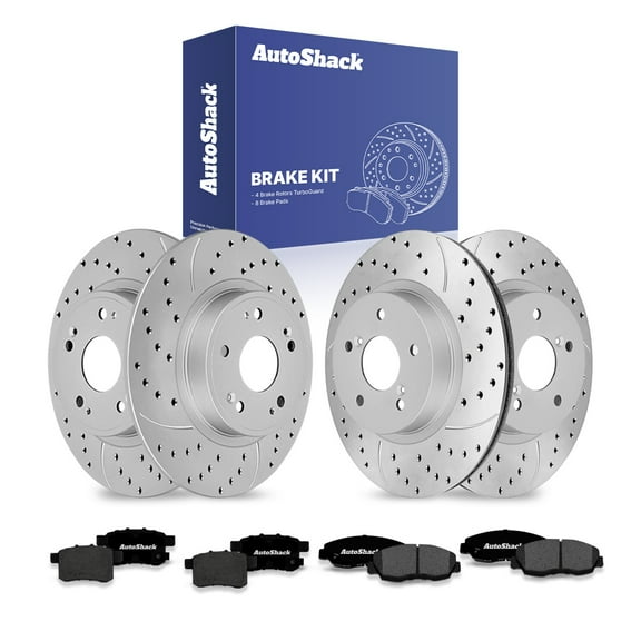 AutoShack Front Vented & Rear Solid Drilled & Slotted Coated Brake Rotors Silver Matte Finish   Premium Ceramic Pads 12-PC Brake Kit Replacement for 2008-2009 Honda Accord TurboGuard