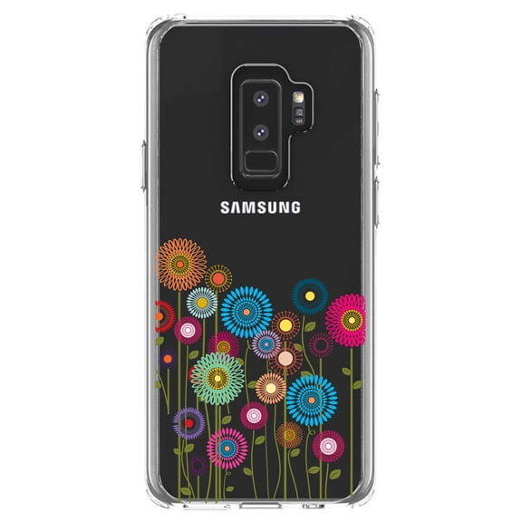 DistinctInk Clear Shockproof Hybrid Case for Samsung Galaxy S9  PLUS (6.2" Screen) - TPU Bumper Acrylic Back Tempered Glass Screen Protector - Cartoon Wildflowers Stems Leaves