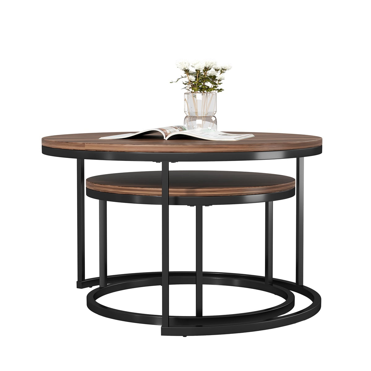 Kepooman 2 Pcs Modern Round Sofa Center Table for Dining Room/Tea, Brown