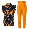 thumbnail image 5 of Riforla Women Casual Fashion Print Ruffle Sleeve Vest Shirt Blouse Betton Pant with Belt Set Suits Sets for Women 2 Pieces Yellow XXL, 5 of 9