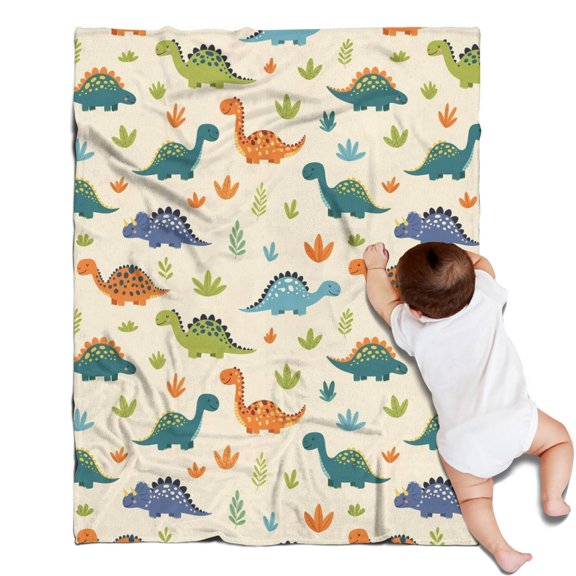 Beige Dinosaurs Plants Leaves Pattern Blanket,Comfortable Soft Flannel Throw Blanket,All Season,Warm Lightweight Blankets for Sofa Bed Couch Living Room Chair,30"x40"