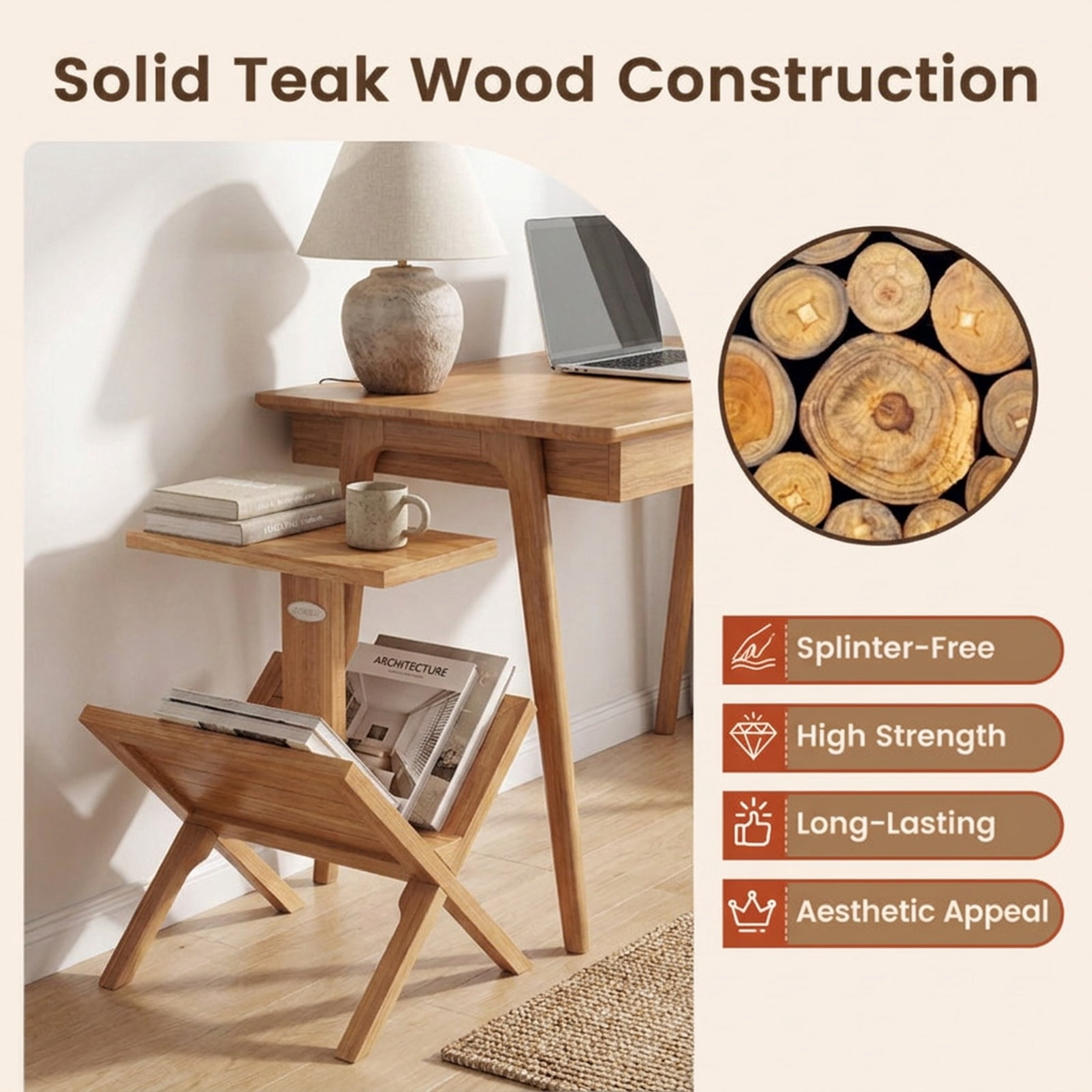 Furnibear 2 Tier Side Table with Magazine Rack and Solid Teak Wood Frame for Living Room Bedroom and Home Office Reading Nook, Natural
