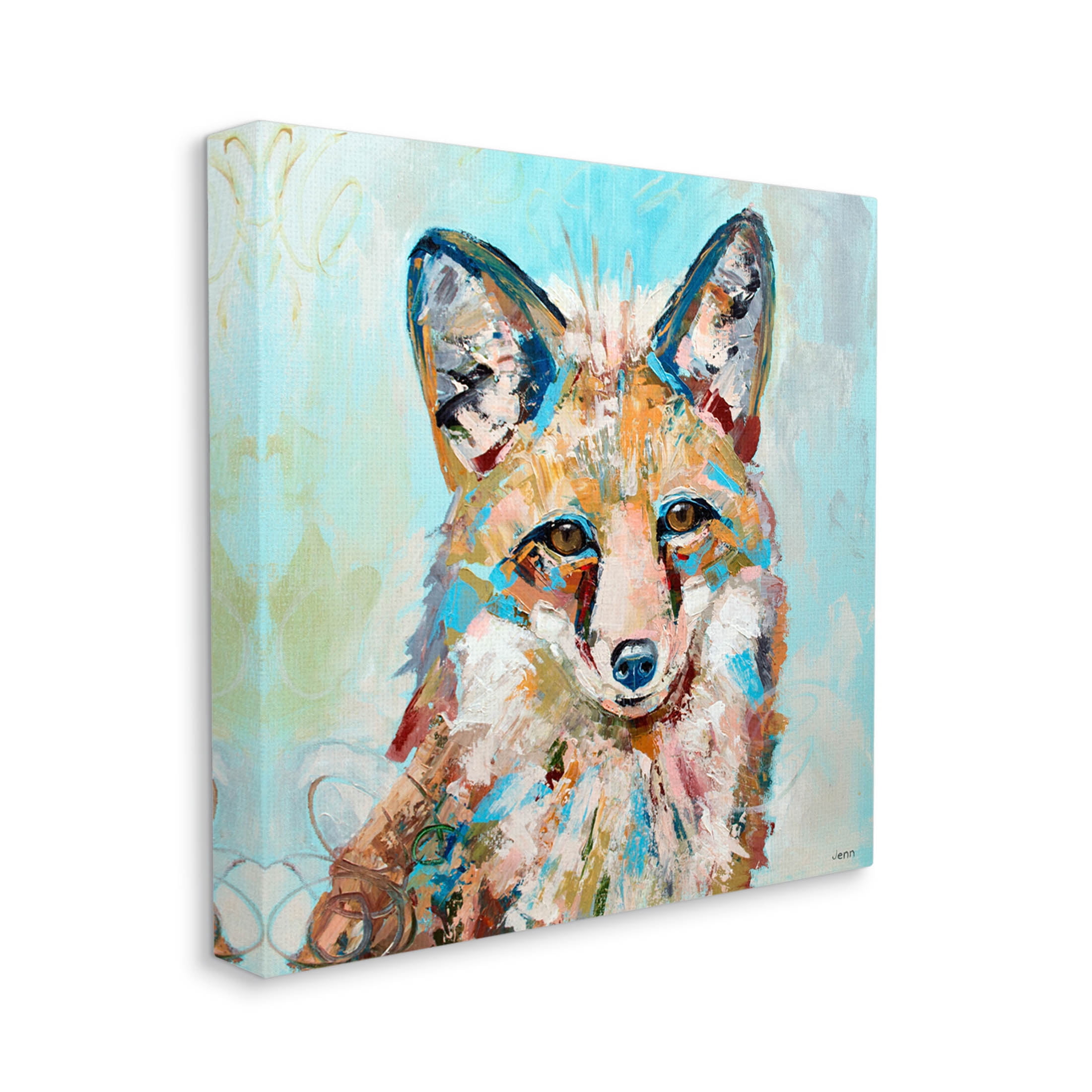 Modern Fox Blue Accent Animal Animals & Insects Painting Gallery Wrapped Canvas Print Wall Art