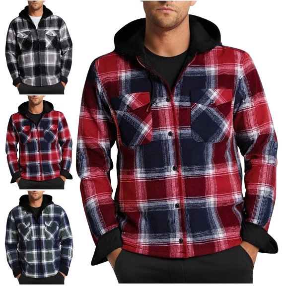 Zysthvn Lightweight Jacket for Men Casual Fall Plaid Hooded Coats for Men Button with Pockets Workwear