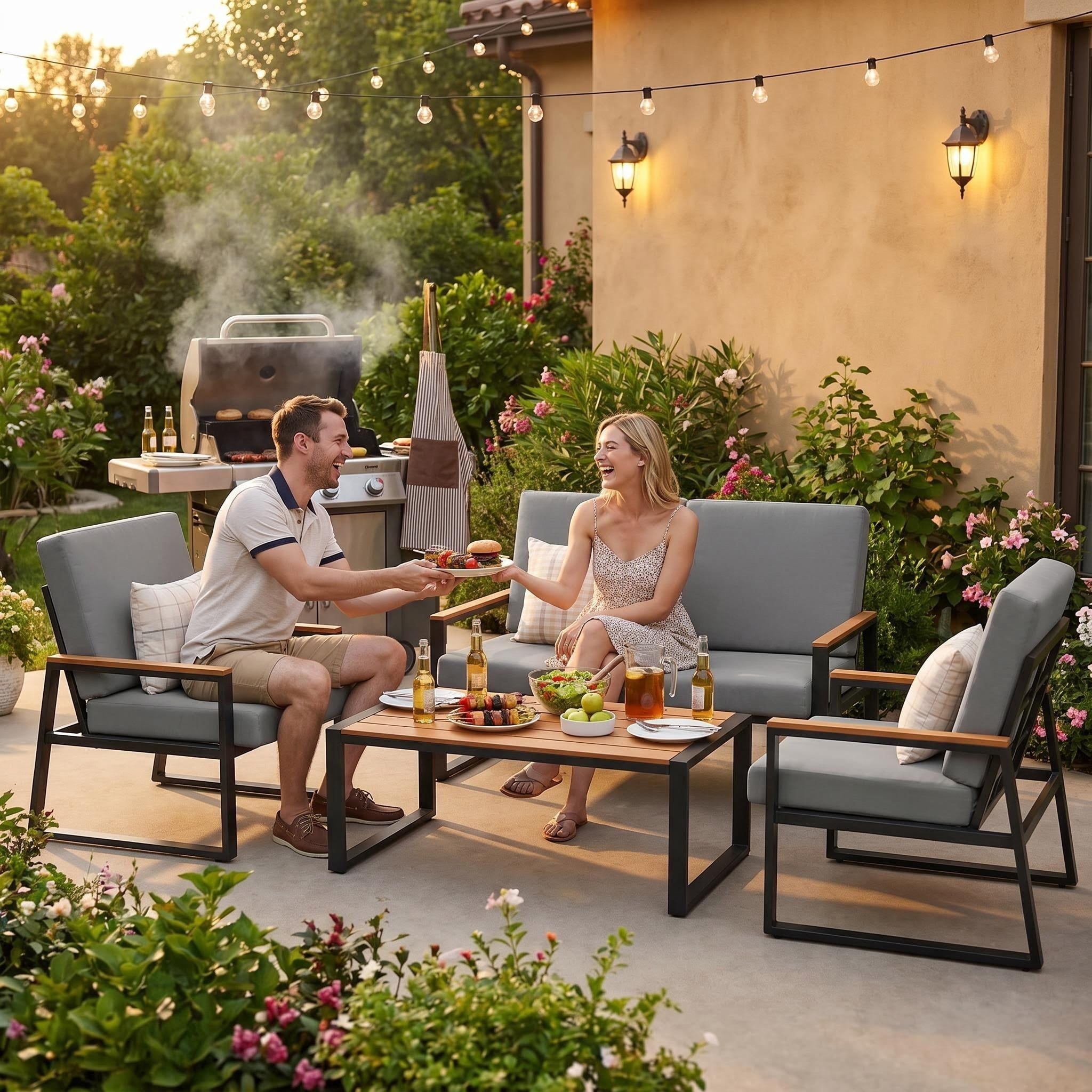 Outdoor Furniture Set, Lofka Patio Sectional Furniture Set with Rectangle Wooden Table and Heavy-Duty Metal Frame, Seating for 4, Gray Cushion