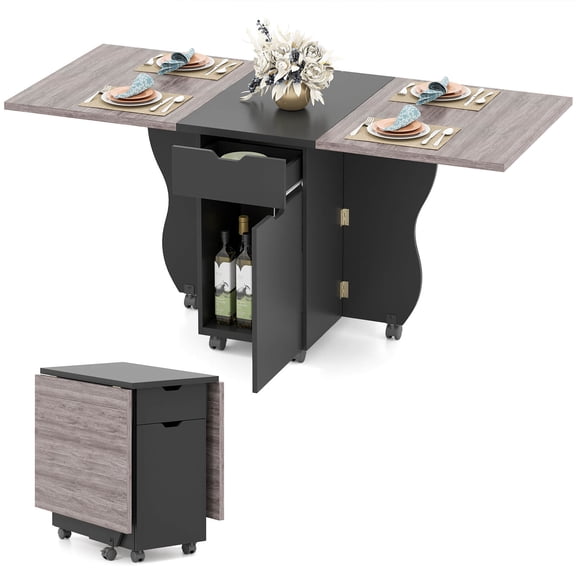 Costway Folding Dining Table with Lockable Wheels, 2 Drawers & 2 Cabinets for Small Spaces Black   Gray