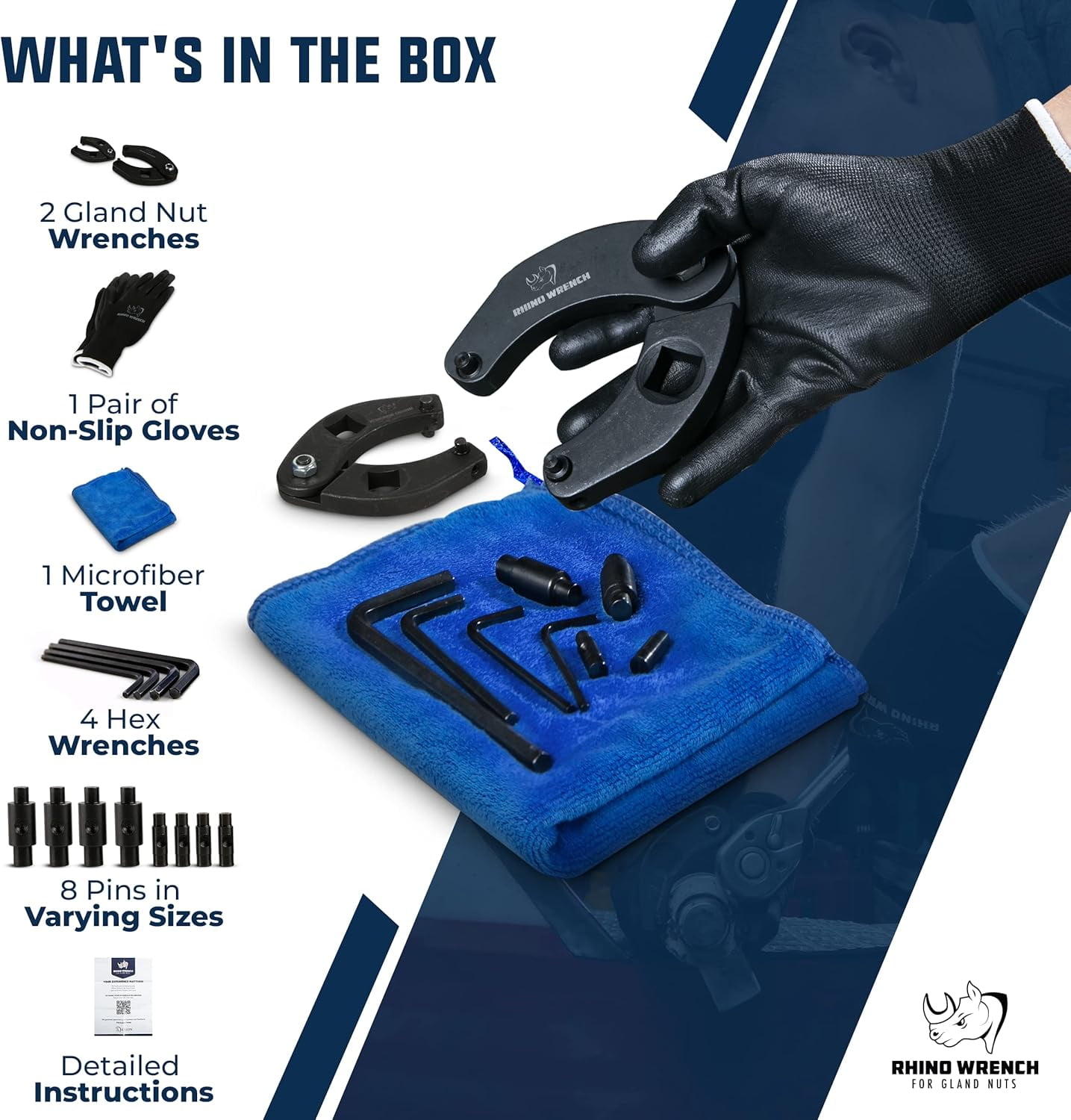 Rhino Gland Nut Wrench Set, 2-Piece Adjustable Hydraulic Cylinder Spanner Wrench Kit w/ Gloves, Microfiber Towel, Pins & Allen Wrenches