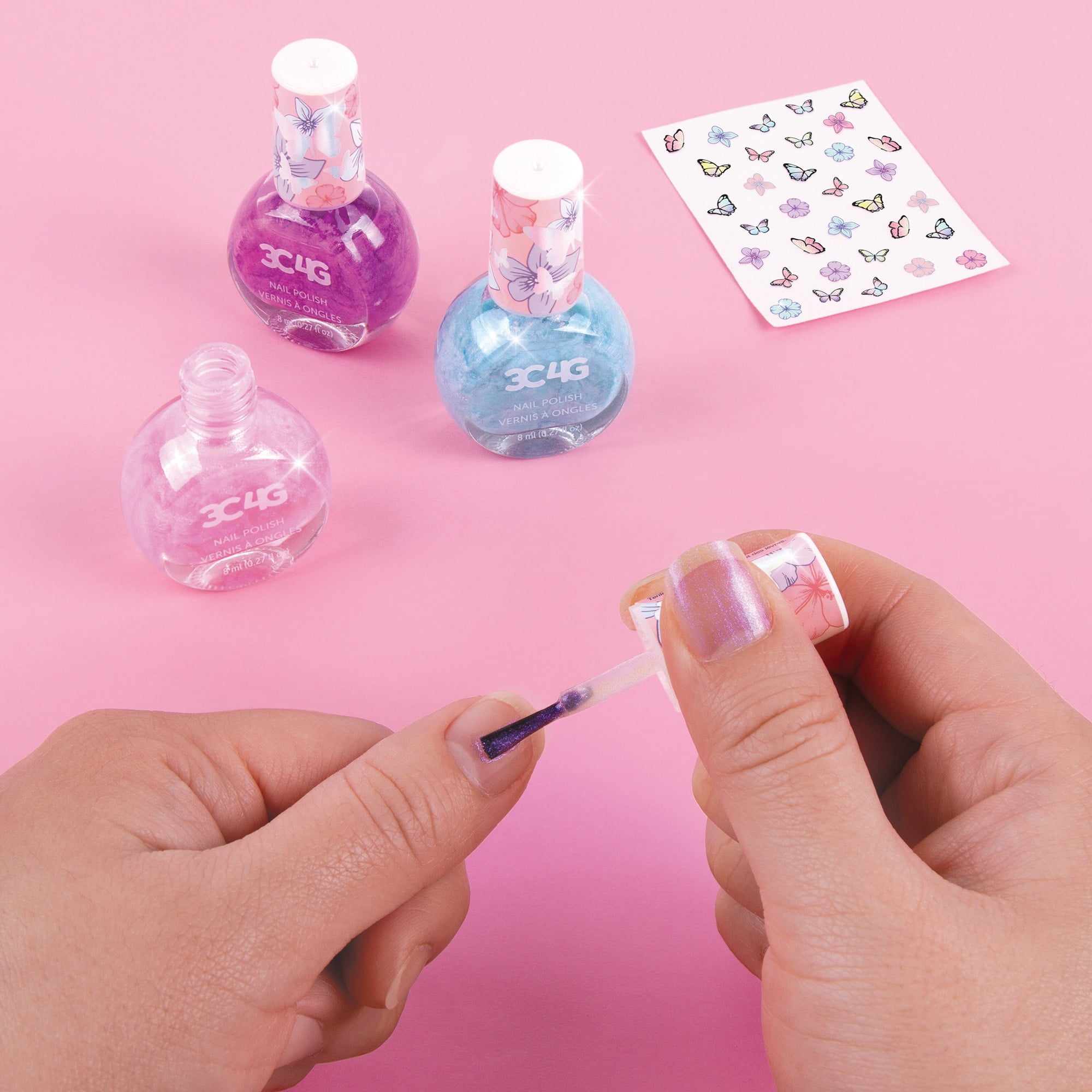 Three Cheers For Girls: Butterfly Nail Polish Trio - 3 Bottles W/ Butterfly Nail Stickers, Tweens & Girls, Non-Toxic Long-Lasting Polish, Soothing Shades, Pinks & Blue, Kids Ages 8+