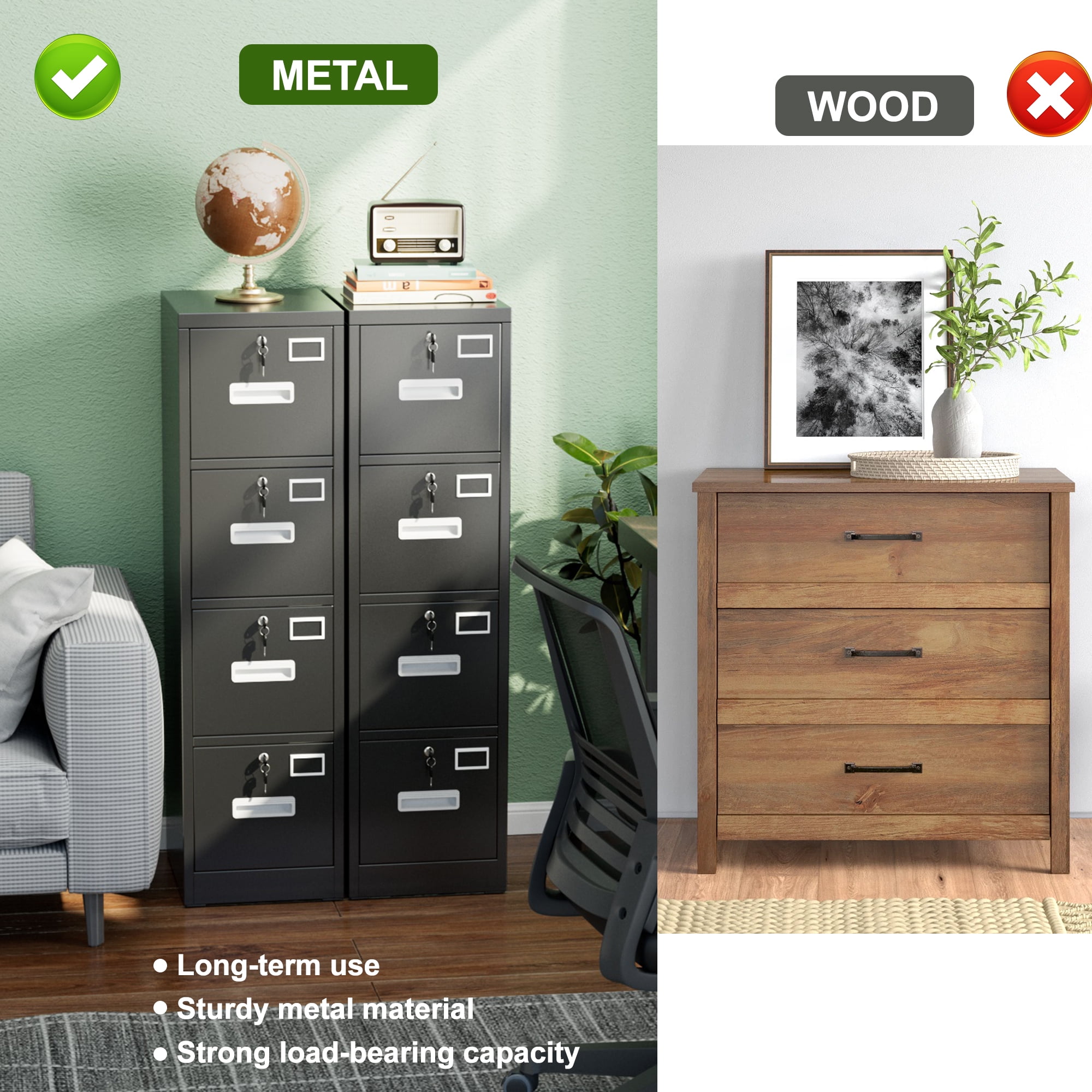 HUAXRON 4 Drawer Locking Metal Vertical File Cabinet with 4 Individual Locks and Hanging Folders for Office, School, Home, Assemble Required (Black)
