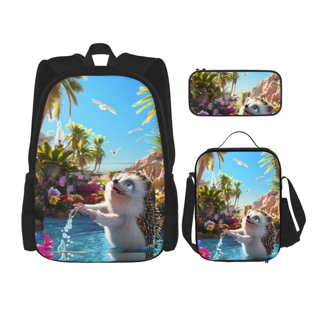 Disketp Playful Hedgehog Forest Pond Mochila Estampada de Gran Capacidad con Lonchera y Estuche, Set de 3 Piezas para Estudiantes