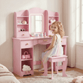 thumbnail image 4 of TLSUNNY Kids Vanity and Stool Set with Lights, Princess Vanity Set, W/ Shelves, Drawer, Mirror, Wooden Pretend Play Makeup Desk for Girls, 4 of 12
