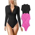 thumbnail image 1 of Women's 2 Piece Bodysuits Sexy Ribbed One Piece Zip Front Long Sleeve Tops Bodysuits, 1 of 6