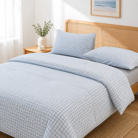 Twin Comforter Set 2 Pieces, Light Blue Gingham Pattern Bedding