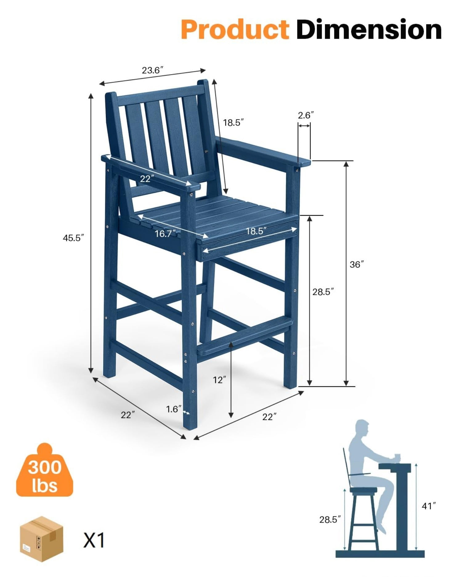 Adirondack Bar Chair Set of 2, HDPE Outdoor Bar Stools with Footrest, All Weather Adirondack Bar Height Chairs for Patio, Balcony, Porch, Deck, Poolside, Navy
