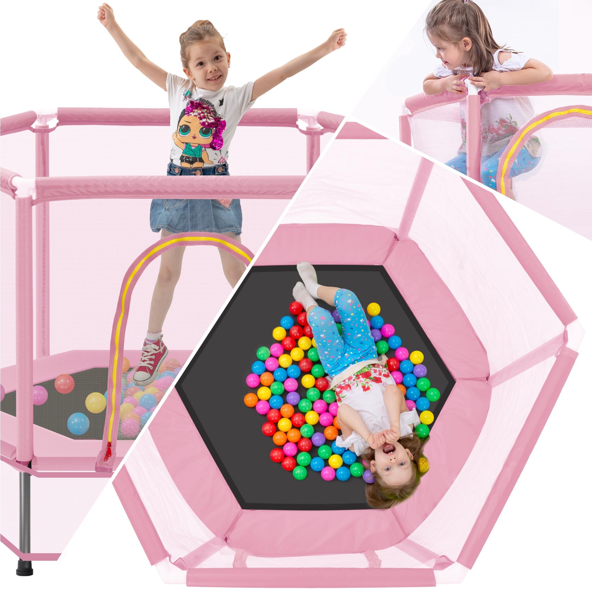 55'' Mini Toddler Trampoline, Small Trampoline for Kids with Enclosure Net, Round Indoor Outdoor Trampoline w/Balls as Gift for Boy & Girl Christmas, Halloween, Birthday Toy, Pink
