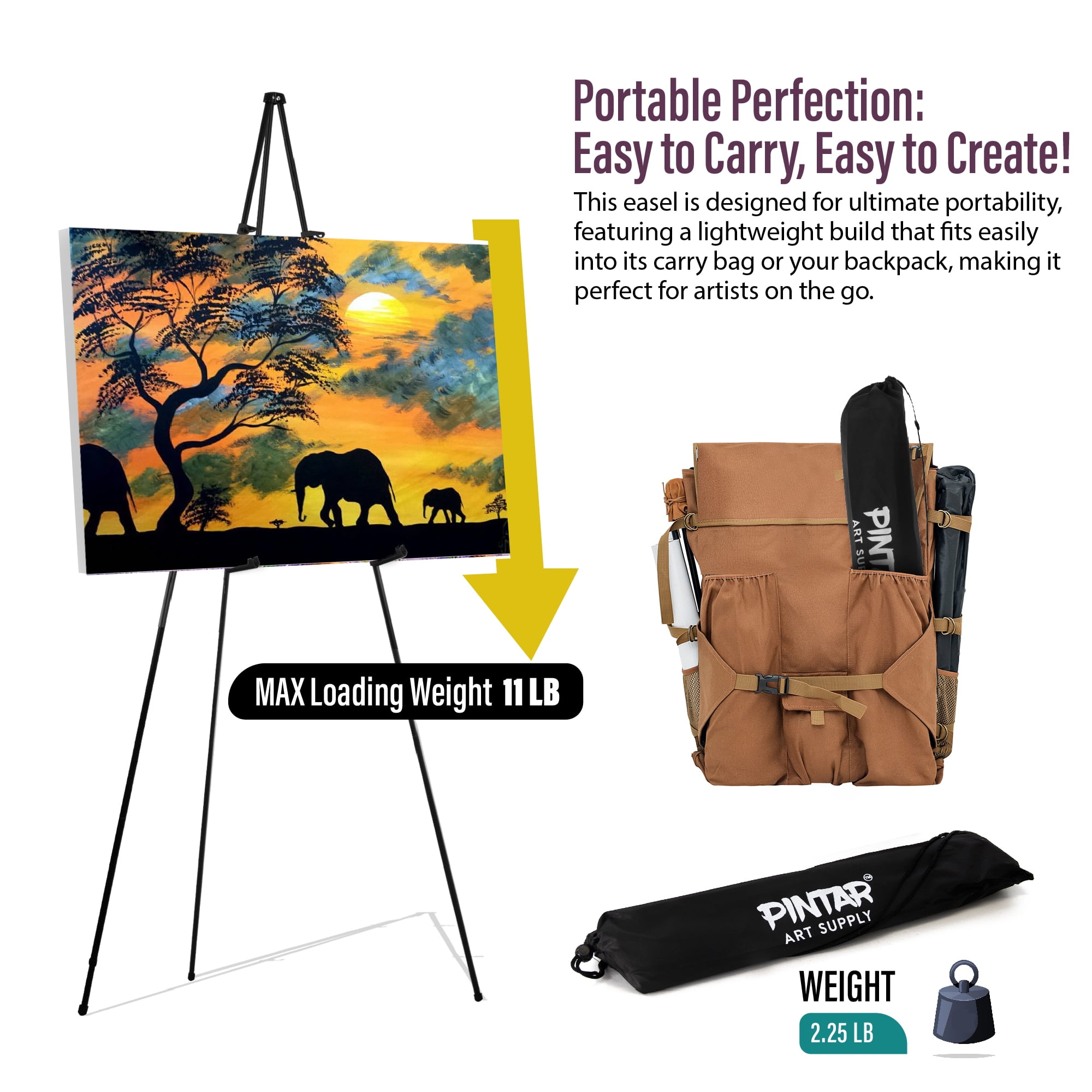 Pintar Easel Stand for Painting and Display - 63" Portable Metal Tripod Standing Art Easel with Bag, Foldable Easel Stand