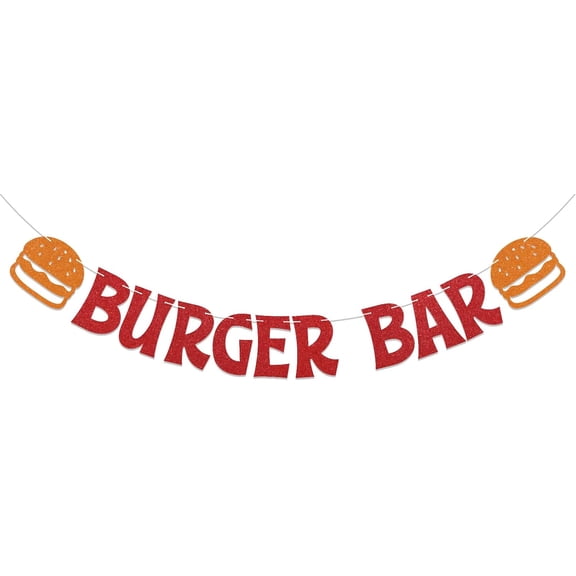 Burger Bar Banner - Fast Food Party Decor, Hamburger Theme Baby Shower Birthday Bridal Shower Party Decorations Red Glitter
