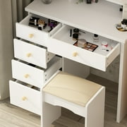 MONSLIPA Makeup Vanity Dressing Table w/Drawers and Shelves, Sturdy Vanity Set w/Lighted Mirror, White Dresser Desk & Cushioned Stool