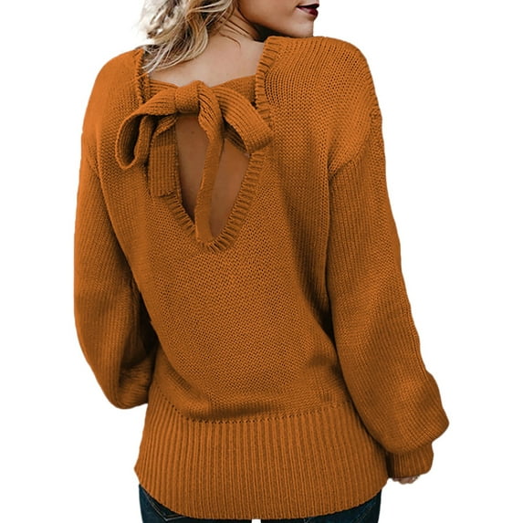 Asyoly Women Back Knot Sweaters Casual Long Sleeve Solid Color Crewneck Knitted Pullover Trendy Jumper Tops