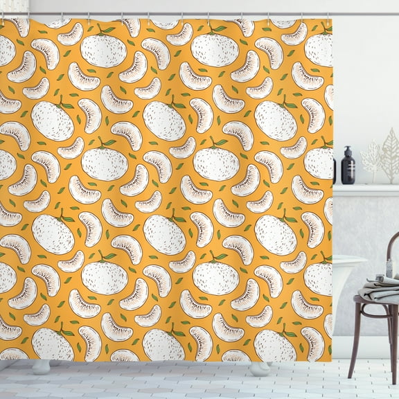 Tangerine Shower Curtain, Vintage Continuous Pattern with Mandarins and Leaves, Fabric Bathroom Set with Hooks, 69W X 84L Inches Extra Long, Pale Orange Fern Green Redbrown White, by Ambesonne