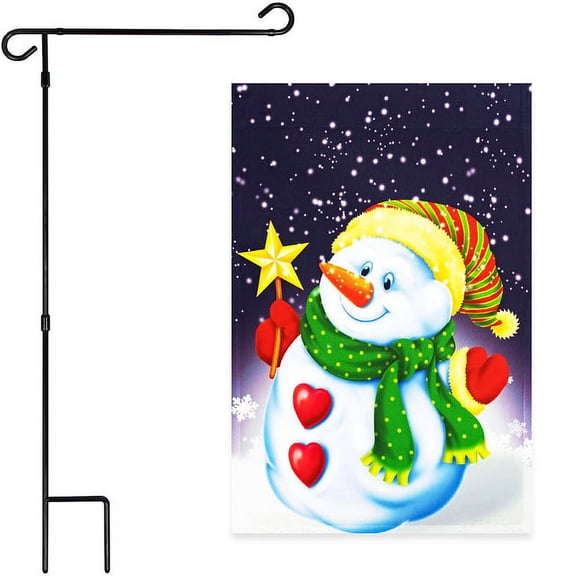 G128 Combo Pack: Garden Flag Stand Black 36x16IN & Garden Flag Snowman with Star 12x18IN