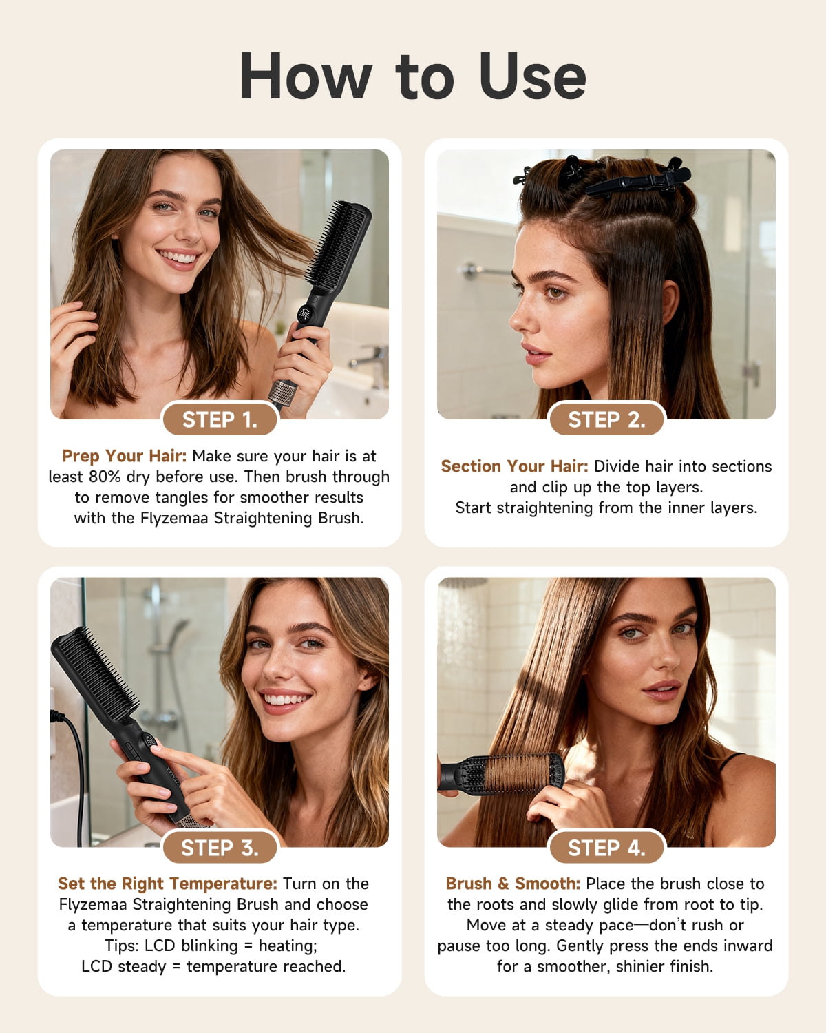 FLYZEMAA Hair Straightener Brush 2 in 1 Straightening Brush for Women with 7 Temps, Dense Bristles Anti-Scald Hot Comb for Thick Curly Hair Negative Ions, Dual Voltage, LCD Display(Black)