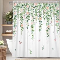 Lfeey Sage Green Flower Fabric Shower Curtains for Bathroom, Spring Summer Wildflower Butterfly Shower Curtain with Hooks, 72x72