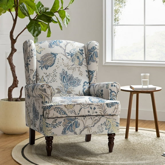 Upholstered Armchair Soft Wingback Accent Chair Turned Legs Home Living Room Bedroom Foam Blue