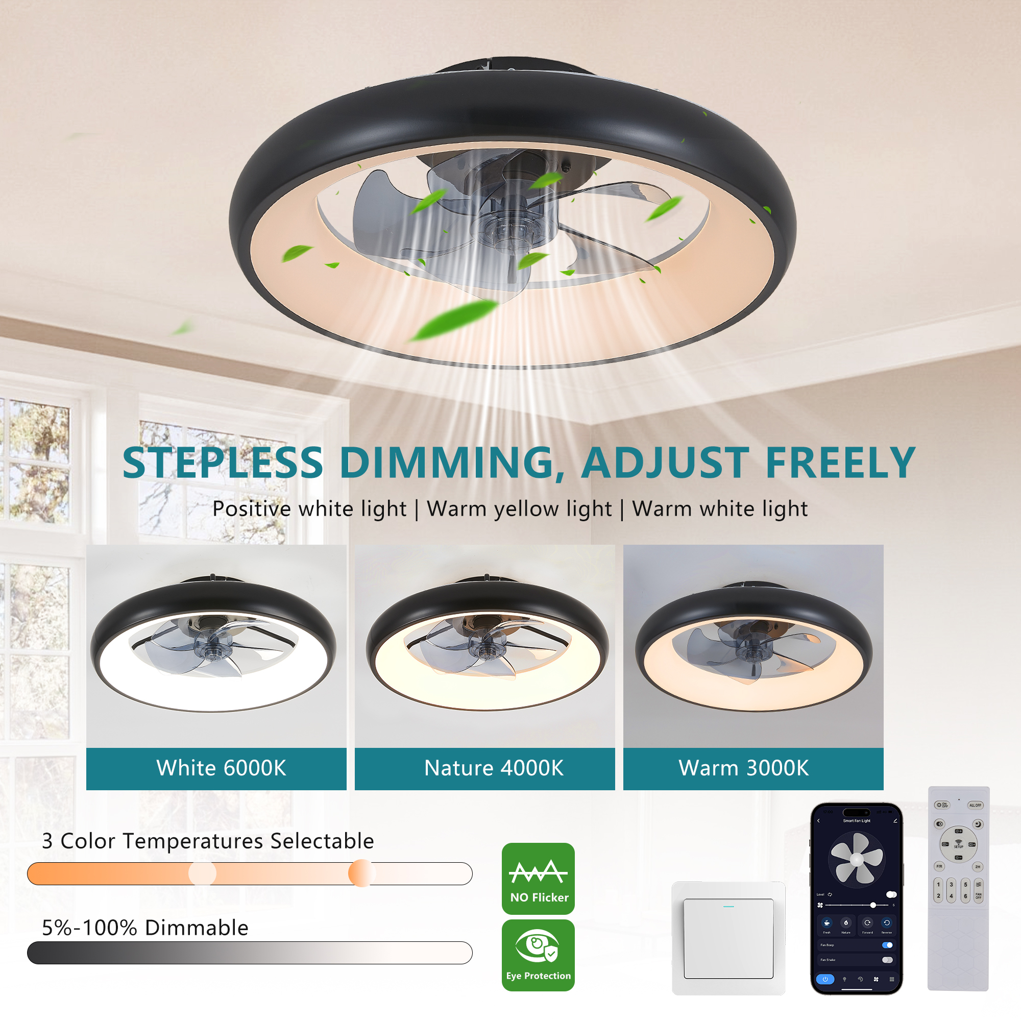 Leumius 20" Black LED Ceiling Fan Light, Dimmable & Adjustable Color Temperature, APP & Remote Control, Modern Smart Ceiling Fan for Living Room, Bedroom and Dining Room