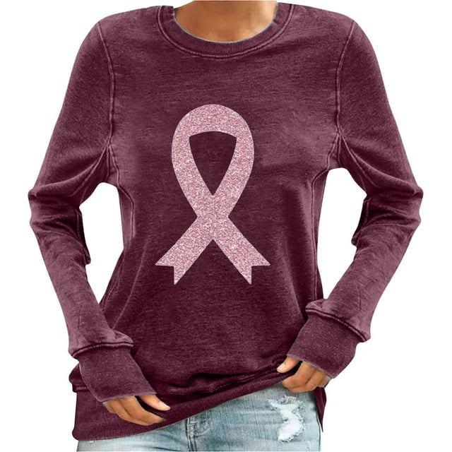 Staron Blouses à Manches Longues pour Femmes Sensibilisation au Cancer du Sein Chic Décontracté Chandail Ruban Rose Mode d'Automne Blouses à Col Rond Tuniques Amples Hauts Cadeaux d'Anniversaire pour Femmes