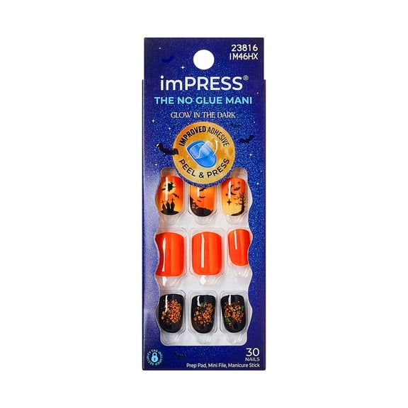 Kiss Impress Press On Nails Short, Halloween, ‘Eternal Night’, Orange & Black, Squoval, 30 Count