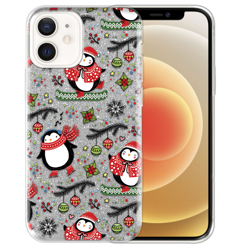 WIRESTER Silver Glitter Case, Sparkle Bling TPU Cover for Apple iPhone 12 / 12 Pro 6.1" 2020, Penguins Ornaments Christmas - image 1 of 3
