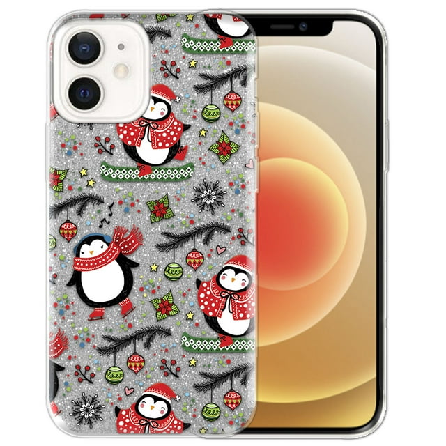 WIRESTER Silver Glitter Case, Sparkle Bling TPU Cover for Apple iPhone 12 / 12 Pro 6.1" 2020, Penguins Ornaments Christmas