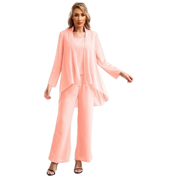 Fldy Women’s Wedding Chiffon Pant Suit 3 Pieces Pantsuits Mother of The Bride Evening Outfit Pink M