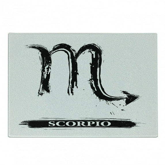 Zodiac Scorpio Cutting Board, Brushstroke Sign in Hand Painted Style Birth Future Prediction, Decorative Tempered Glass Cutting and Serving Board, Small Size, Black and White, by Ambesonne