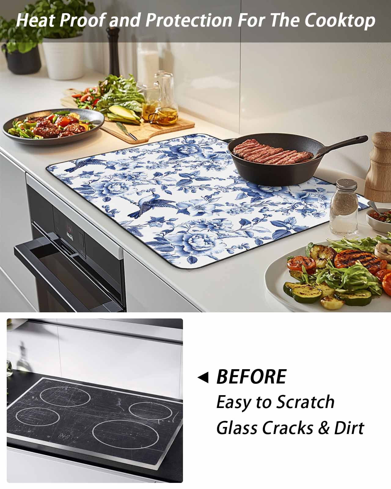 Stove Top Covers for Electric Stove, White Blue Spring Floral Glass Stovetop Cover Protector, Summer Botanical Hummingbird Induction Cooktop Protector Oven Mat for Kitchen Countertop 24"x21"