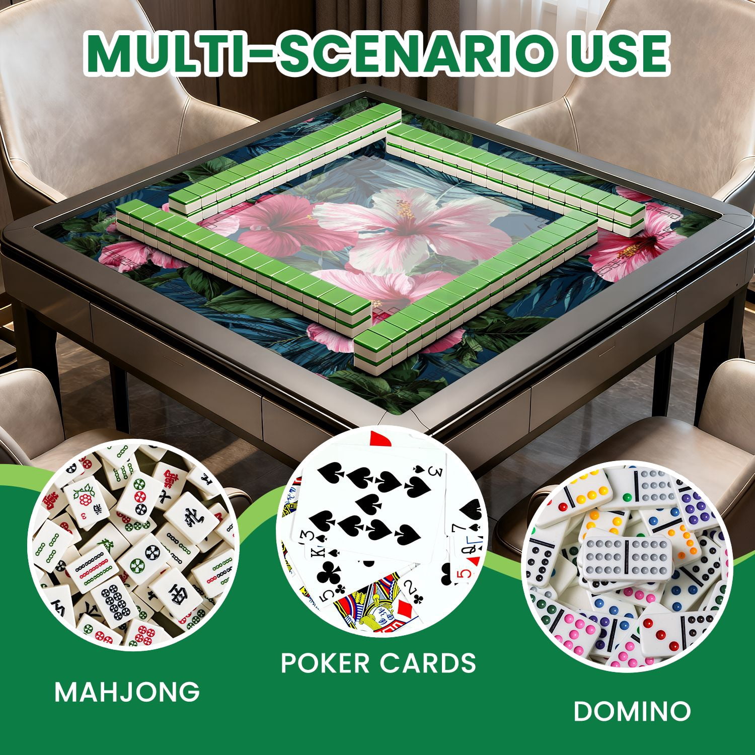 Mahjong Mat 31.5" x 31.5" Exotic tropical flowers pink hibiscus green monstera palm leaves Non-Slip Noise Reduction American Mahjong Tiles Table Cover for Dominoes Poker Card Board Games Gift